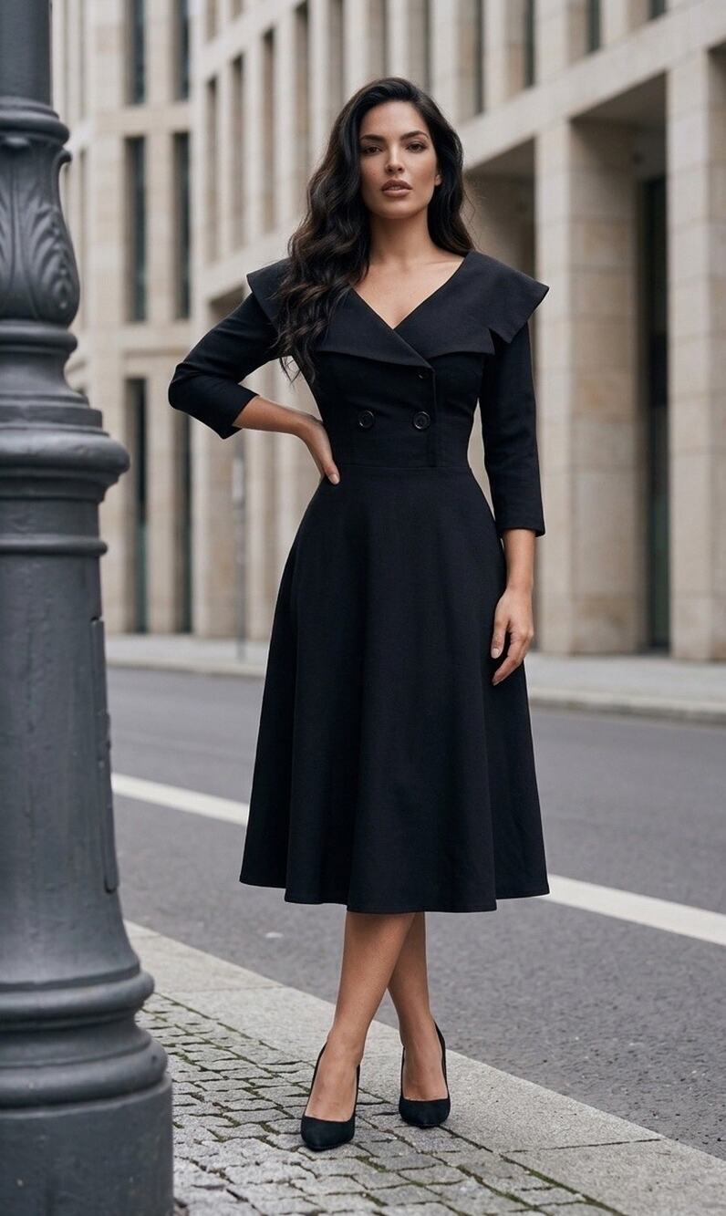 Bettie Page By Tatyana Size M Retro Pin-Up Fit & Flare Black Dress 3/4 Sleeves